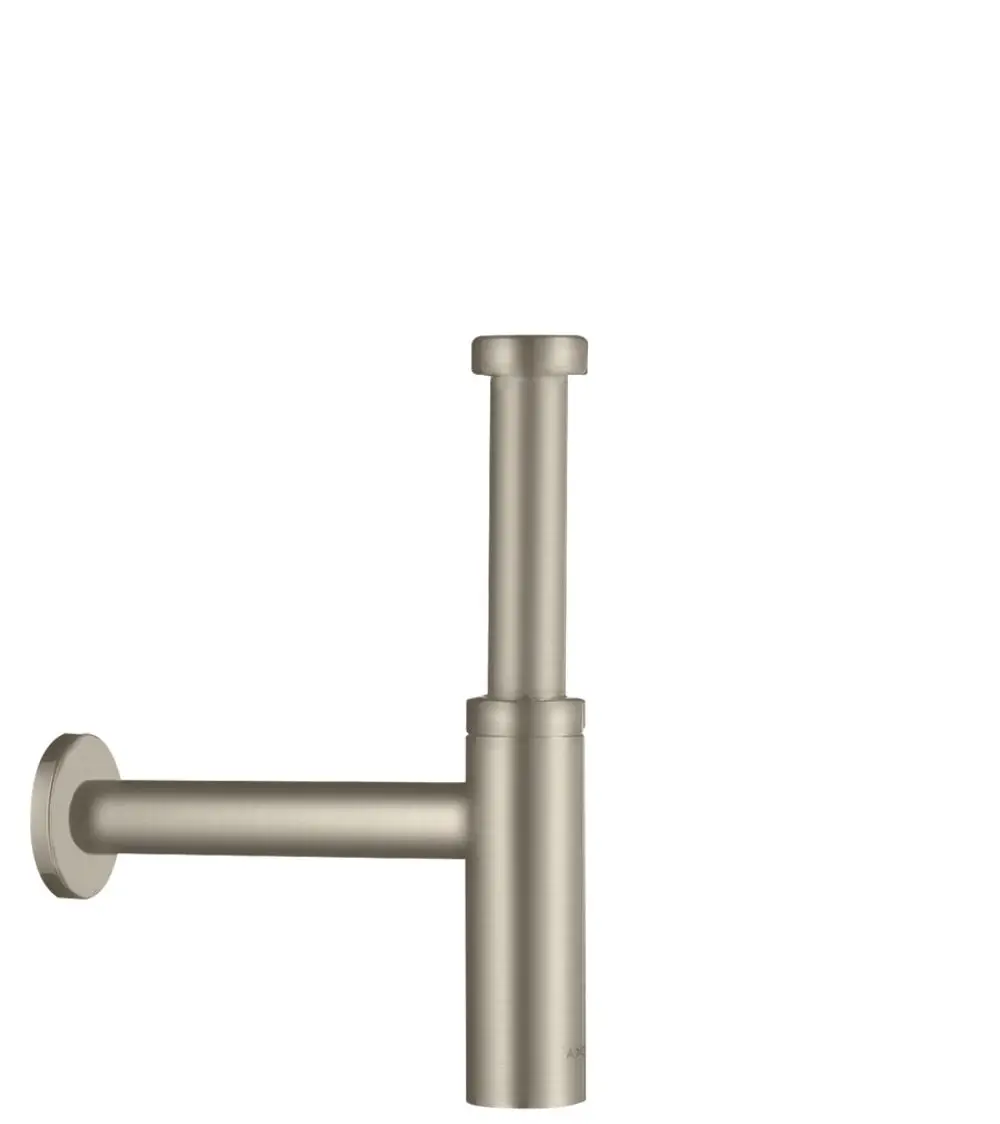 Brushed Nickel Siphon mit rohrförmiger Struktur, montiert an der Wand. Teil des Hansgrohe-Designs für funktionale Badezimmerlösungen.